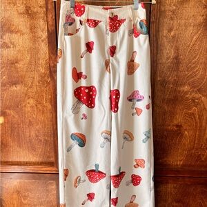 Cider Straight Leg Mushroom Print Corduroy Pants - Red and Cream